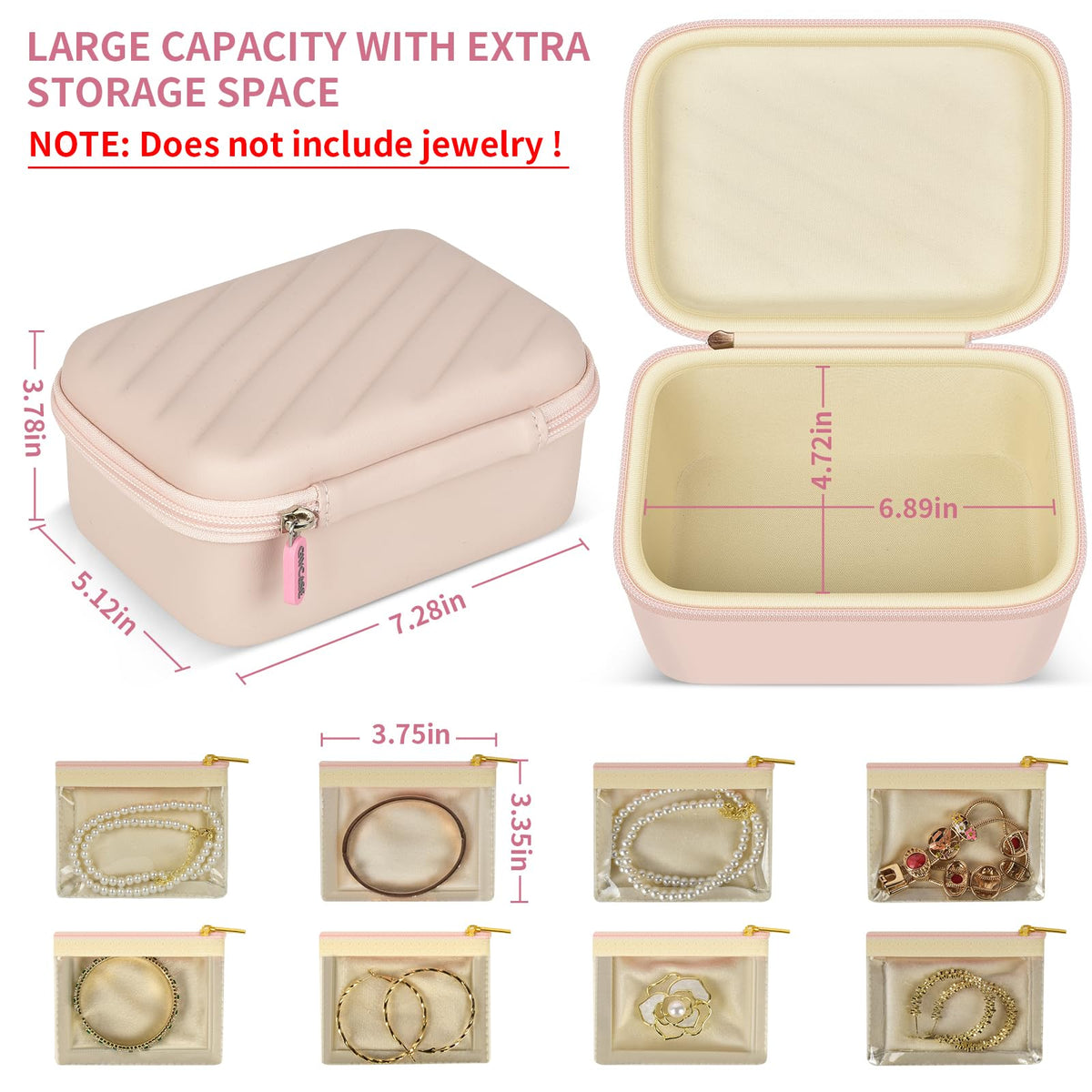 GWCASE Travel Jewelry Case with 8 Clear Tangle-Free Velvet Pouches, Large Capacity Jewelry Organizer Bag with Extra Space for Ring Box Watch, Waterproof PU Leather Pink Box for Women, Long Trips