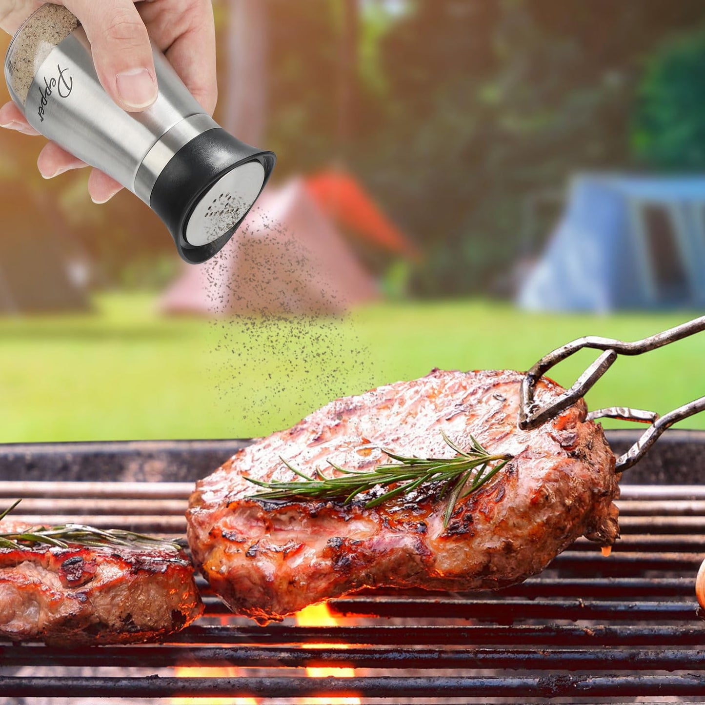Accmor Salt and Pepper Shakers Set with Holder, 4 oz Stainless Steel Salt Pepper Shaker Containers with Glass Bottom for Kitchen Cooking, BBQ, Bar, Table, RV, Camp