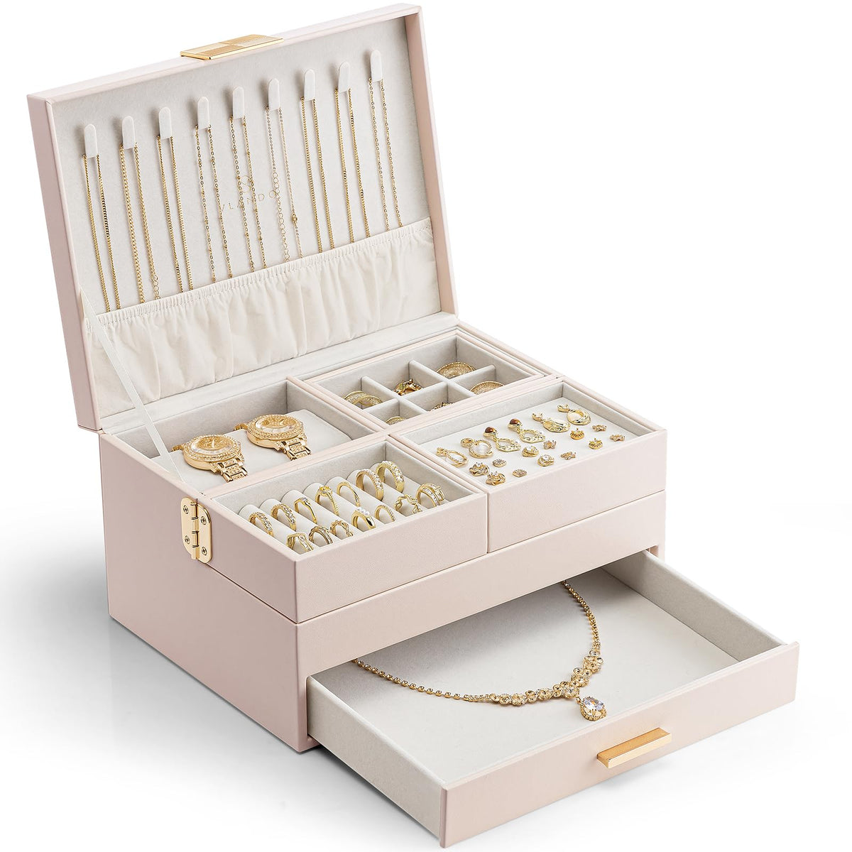Vlando 3 Layer Jewelry Box - Women Jewelry Box with Retractable Tray - Jewelry Organizers with Drawer for Necklaces, Rings, Bracelets, Earrings, Gift for Couples Mom Girls - Pink