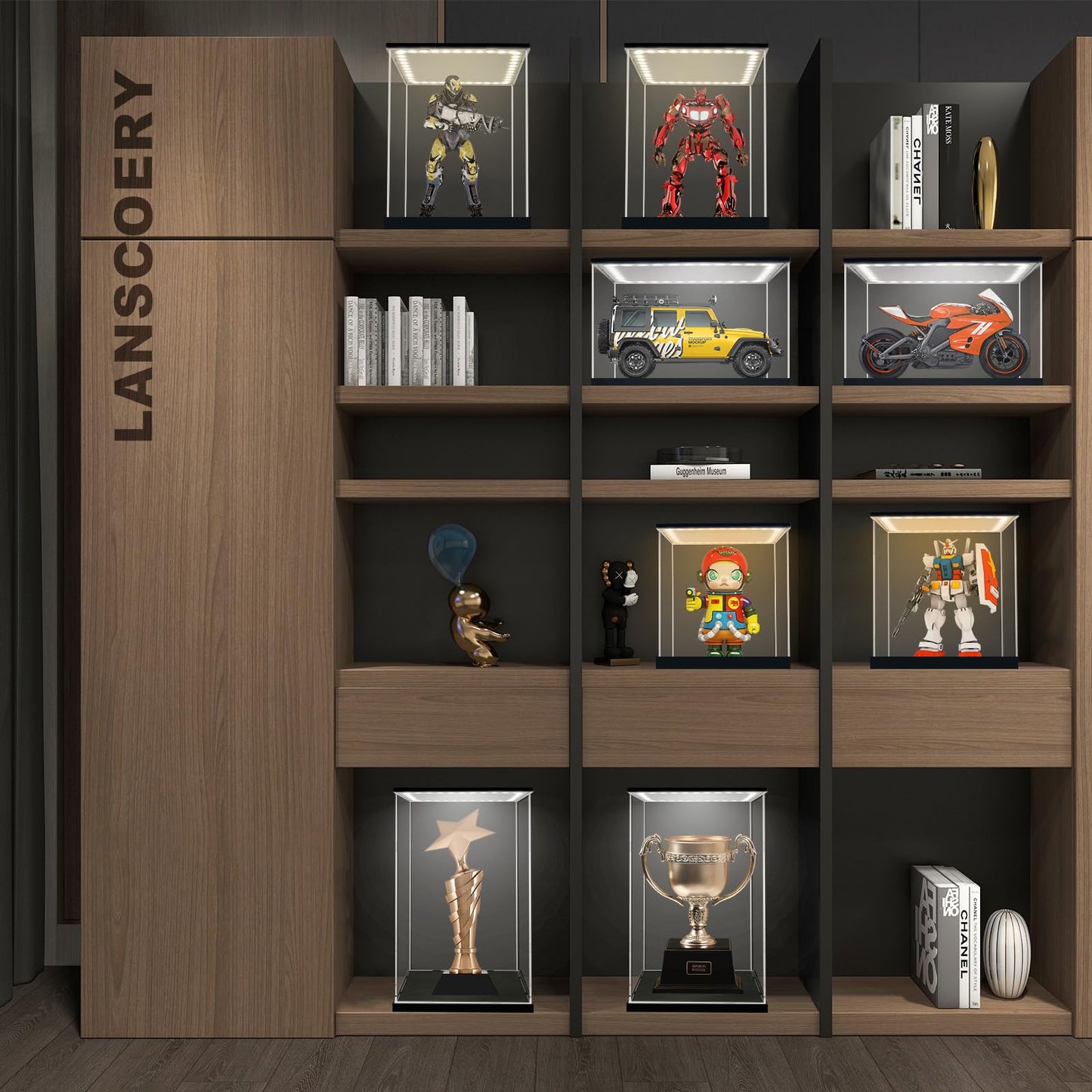 LANSCOERY Acrylic Display Case with Light, 9.8x9.8x13.8 in LED Display Case with 15mm Raised Base, 3mm Clear Panels, 3-Color Dimmable Lighting for Collectibles and Action Figures