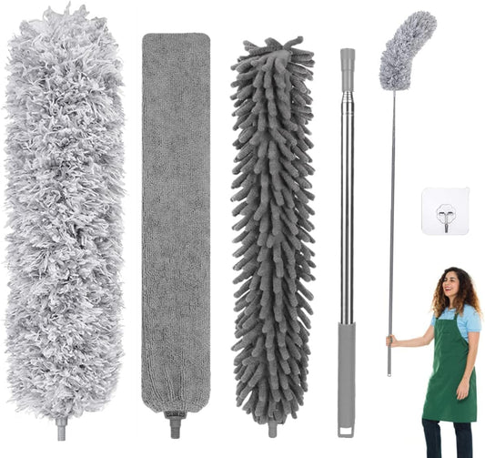 Fogray Extendable Feather Duster Kit - Long Handled 100" Telescopic Pole and Soft Silicone Cap, Bendable Washable Heads for Cleaning Cobwebs, High Ceiling Fans, Roof, Furniture & Cars(5Pcs-Grey)