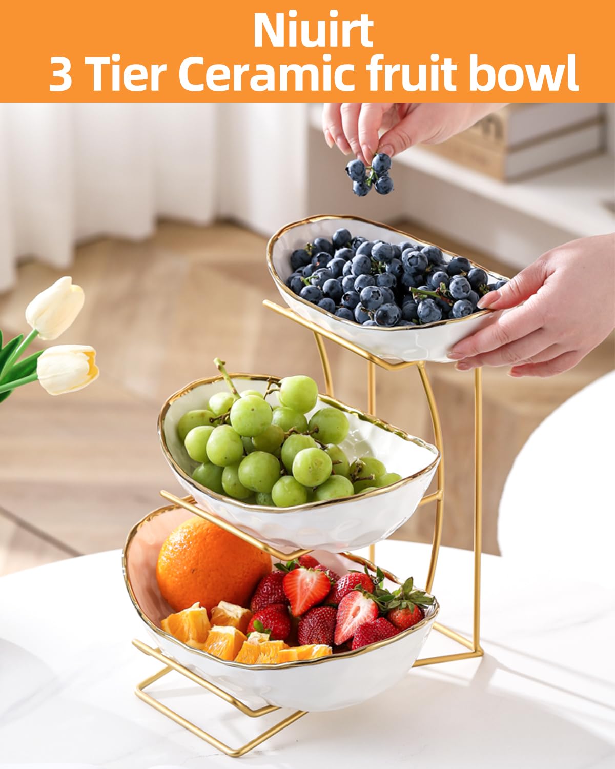 Niuirt Fruit Bowl for Kitchen Counter, 3-Tier Fruit Basket, Ceramic Fruit Bowl with Metal Stand for Fruit, Vegetable Storage, Snack, Nuts, Dessert, Cake, Stylish & Cute