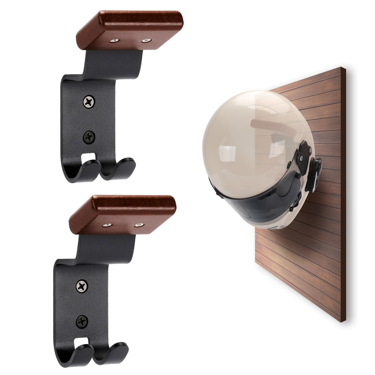 TOKCKYBL Motorcycle Helmet Holder Wall Mount - Solid Wood & Steel Gear Organizer Rack with 2 Hooks, Heavy Duty Display Hanger for Helmets, Football Gear, Ski Equipment, Hats, Jackets - 2 Pcs