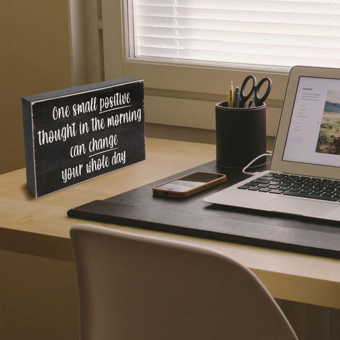 Esur Positive Thought Home Office Desk Wooden Box Sign Decor - Inspirational Shelf Wall Decoration Accessories for Women, Black
