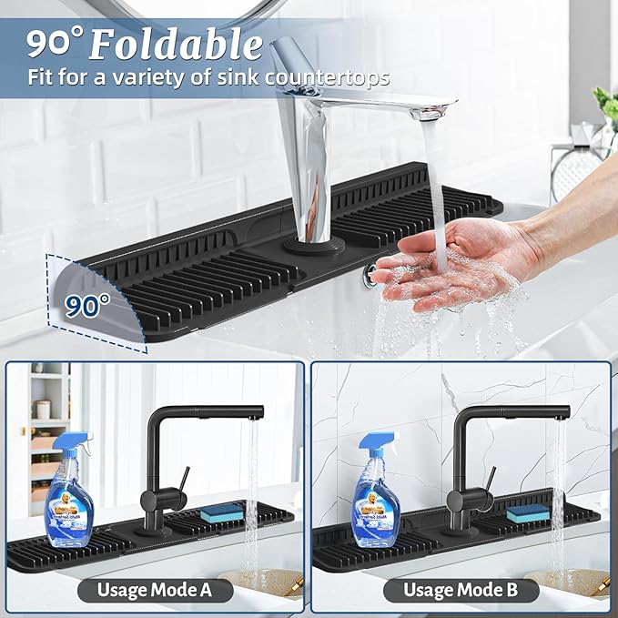 PoYang 24 inch Faucet Mat for Kitchen Sink Splash Guard, 7° Slope Silicone Sink