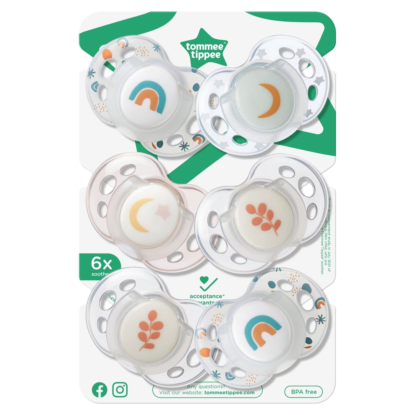 Tommee Tippee Nighttime Soothers, 18-36m, 6 Pack, Glow in The Dark, Varied Colours and Designs, Symmetrical Orthodontic Dummy, BPA-Free Silicone Teat