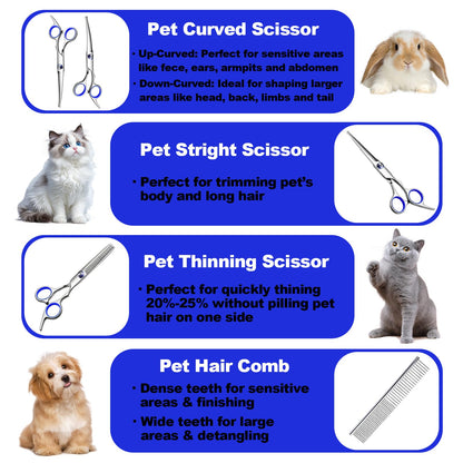 HCHYEY Dog Grooming Scissor, 7-in-1 Pet Grooming Scissor for Dogs, Professional Dog Grooming Kit with Safety Round Tips, Titanium Coated Cat Scissors Kit for Home Grooming (Blue)