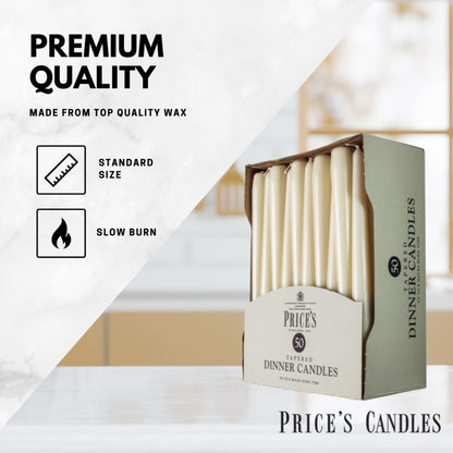Price's Candles Tapered Dinner Candles Ivory Unscented Wax Pack of 50 | 7 Hour Burn Time Elegant Long Candles for Home Decor, Events, Celebrations & Dining