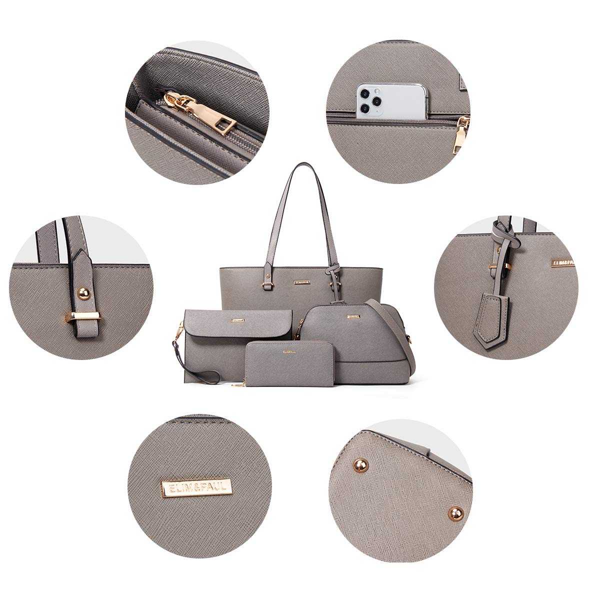 Women Fashion Synthetic Leather Handbags Tote Bag Shoulder Bag Top Handle Satchel Purse Set 4pcs, Grey