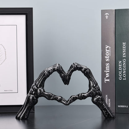 LCCCK Black Hand Gesture Desk Statues Love Ornaments,Skull Couple Statue, Creative Wedding Home Desktop Decor,Heart Shape Hand Figurines for Living Room Shelf Coffee Table Centerpiece