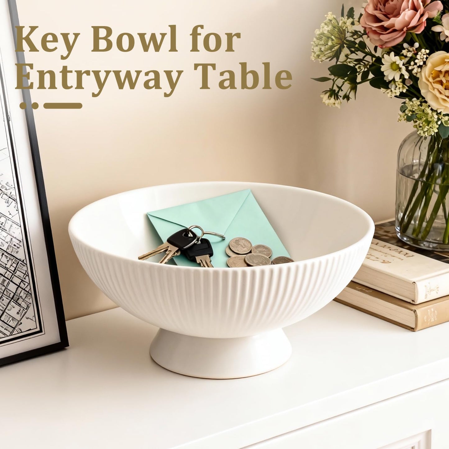 Gutedeal Small Decorative Bowl 8 Inch Multi-Use White Ceramic Fruit & Key Bowl for Kitchen, Entryway, Centerpiece Modern Handcrafted Home Decor Pedestal Bowl & Wedding Gift
