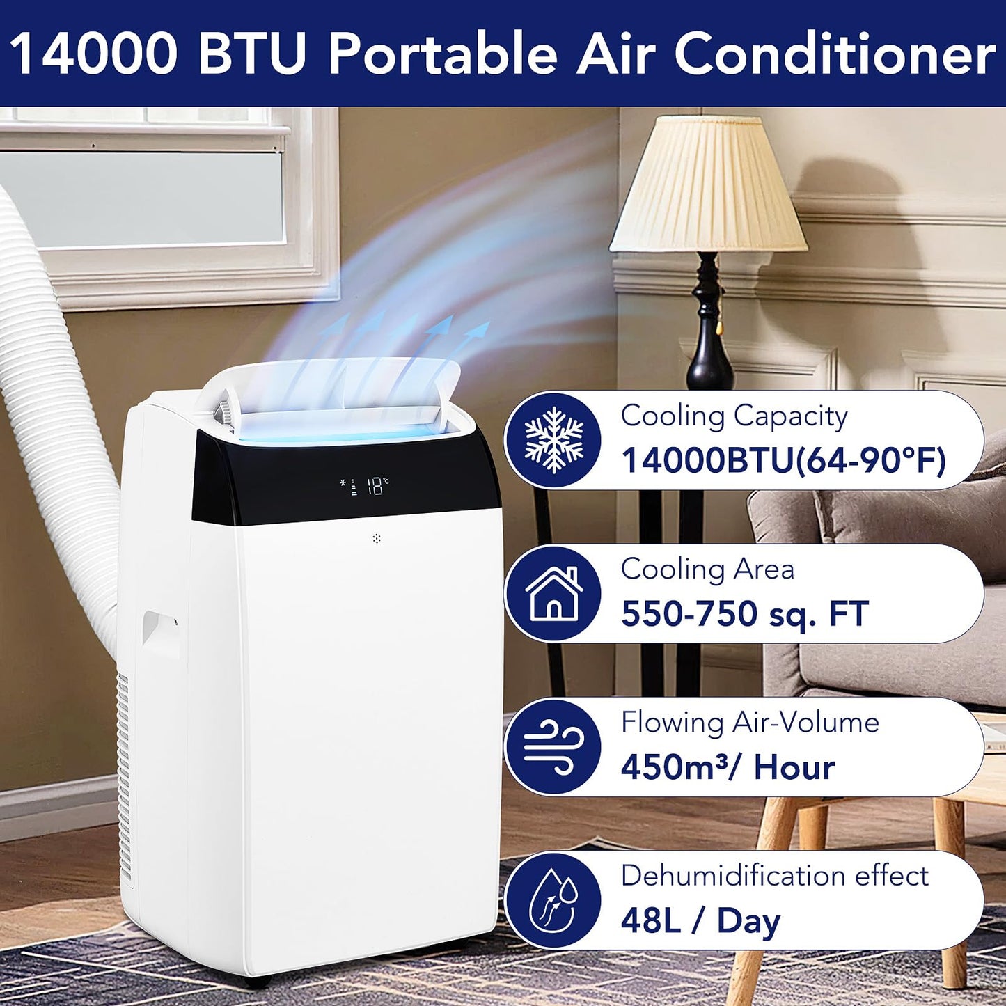 14,000 BTU Portable Air Conditioner Cools up to 750 Sq.Ft, 3-in-1 Quiet Portable AC Unit with Remote Control & Installation Kits for Large Room, 3 Speed, Auto Swing, 24H Timer