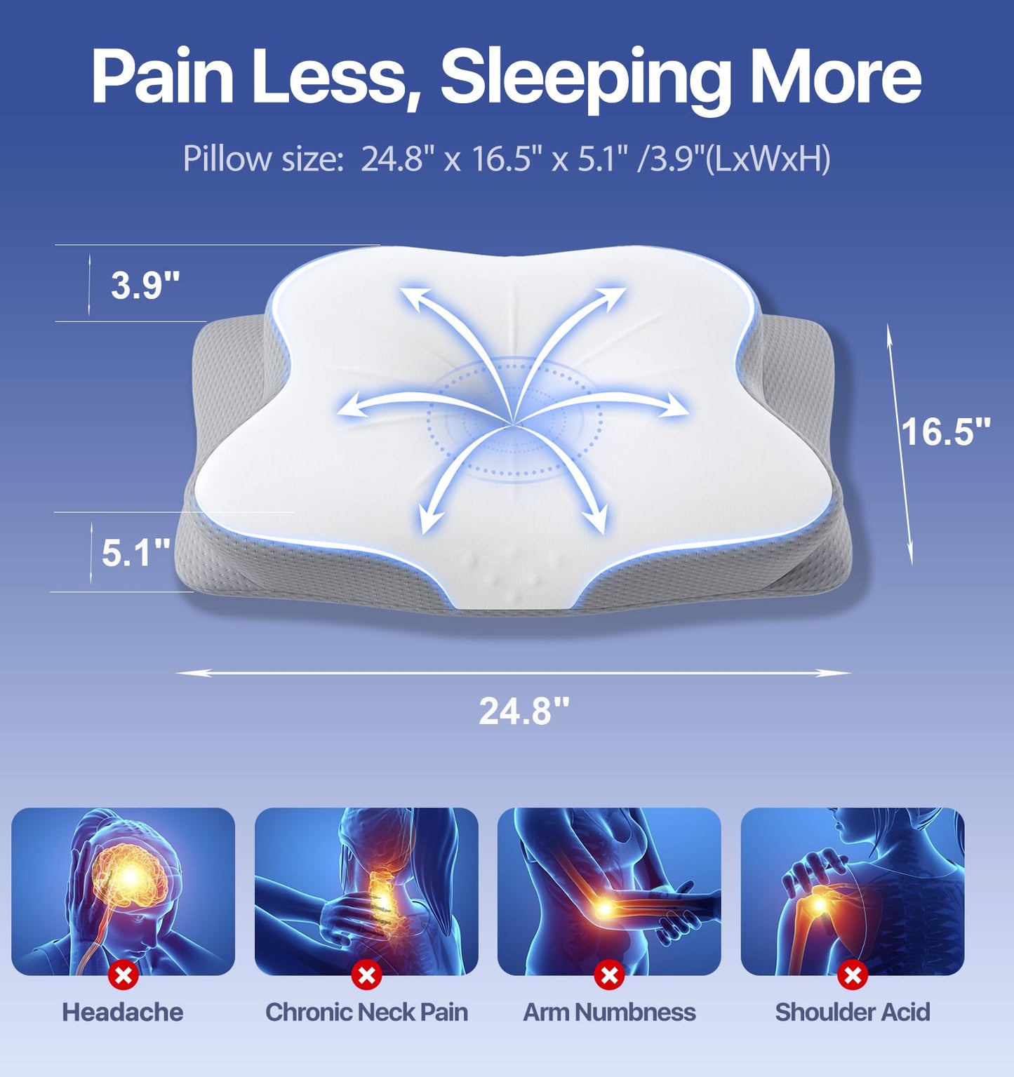 Cervical Pillow for Neck Pain Relief - Ergonomic Memory Foam Pillow with Cooling Case Orthopedic Support Side Sleeper Pillow for Pain Relief Support for Side Back Stomach Sleepers