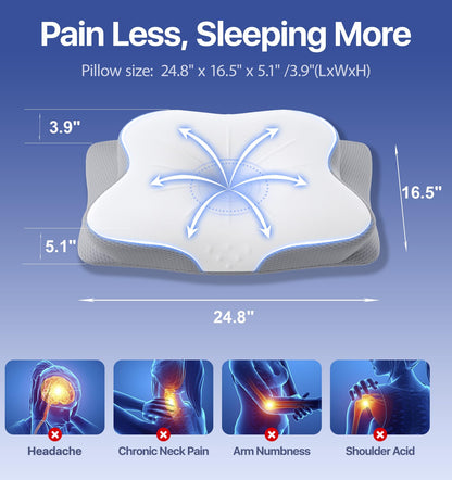 Cervical Pillow for Neck Pain Relief - Ergonomic Memory Foam Pillow with Cooling Case Orthopedic Support Side Sleeper Pillow for Pain Relief Support for Side Back Stomach Sleepers