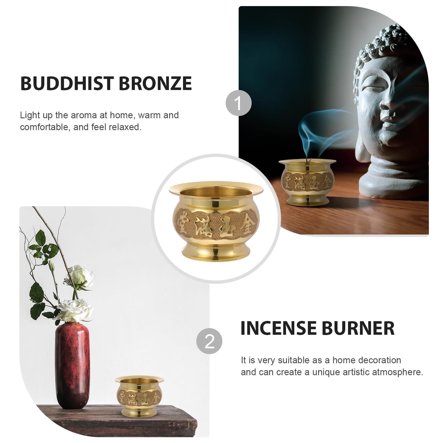 HEALLILY Retro Copper Incense Burner 3.93X3.93X2.67In Elegant Home Decor Buddhist Censer with Bowl Design for Relaxation and Meditation