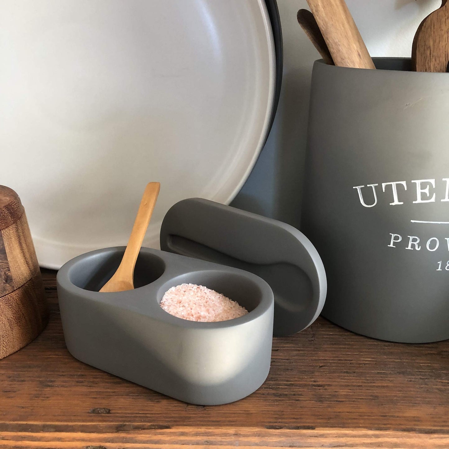 Fox Run Cement Double Salt Cellar with Spoon, 3 x 3.5 x 6.25 inches, Gray