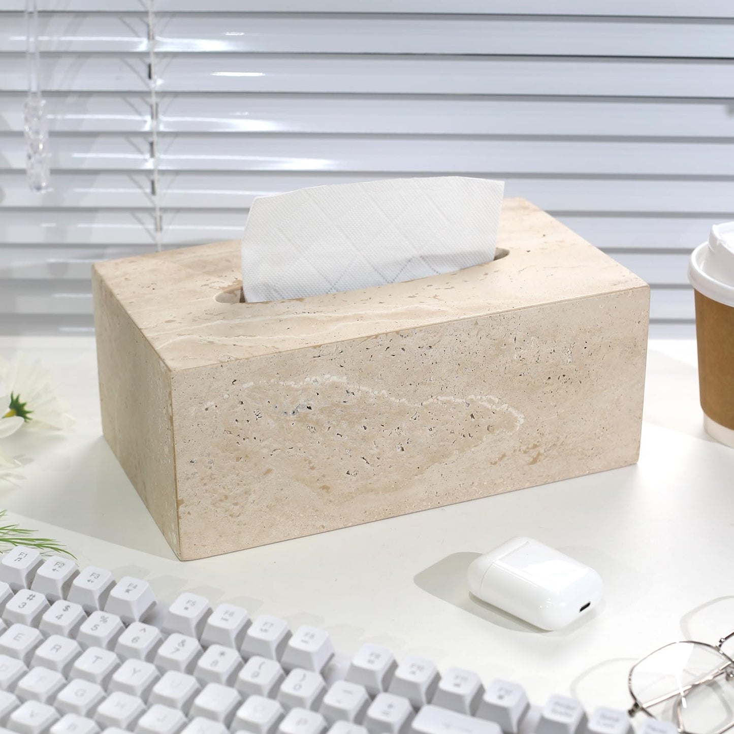 Noble and Light Luxury Natural Travertine Marble Household Tissue Box for Bathroom | Office | Desk | countertop | Vanity | Bedroom | Bedside Table |Beige