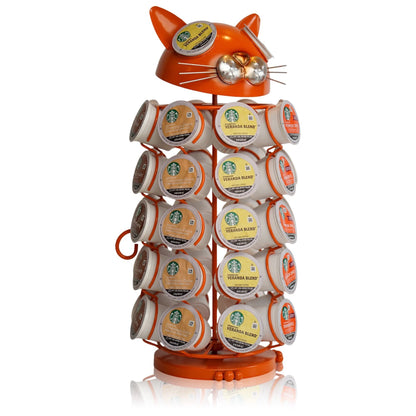 Made Easy Kit Carousel Coffee Pod Holder, Compatible with Keurig K-Pods K-Cups, Countertop Rack Storage Organizer, Metal Home and Kitchen Decor, Capsule Café Station Bar (Large, Orange Cat)