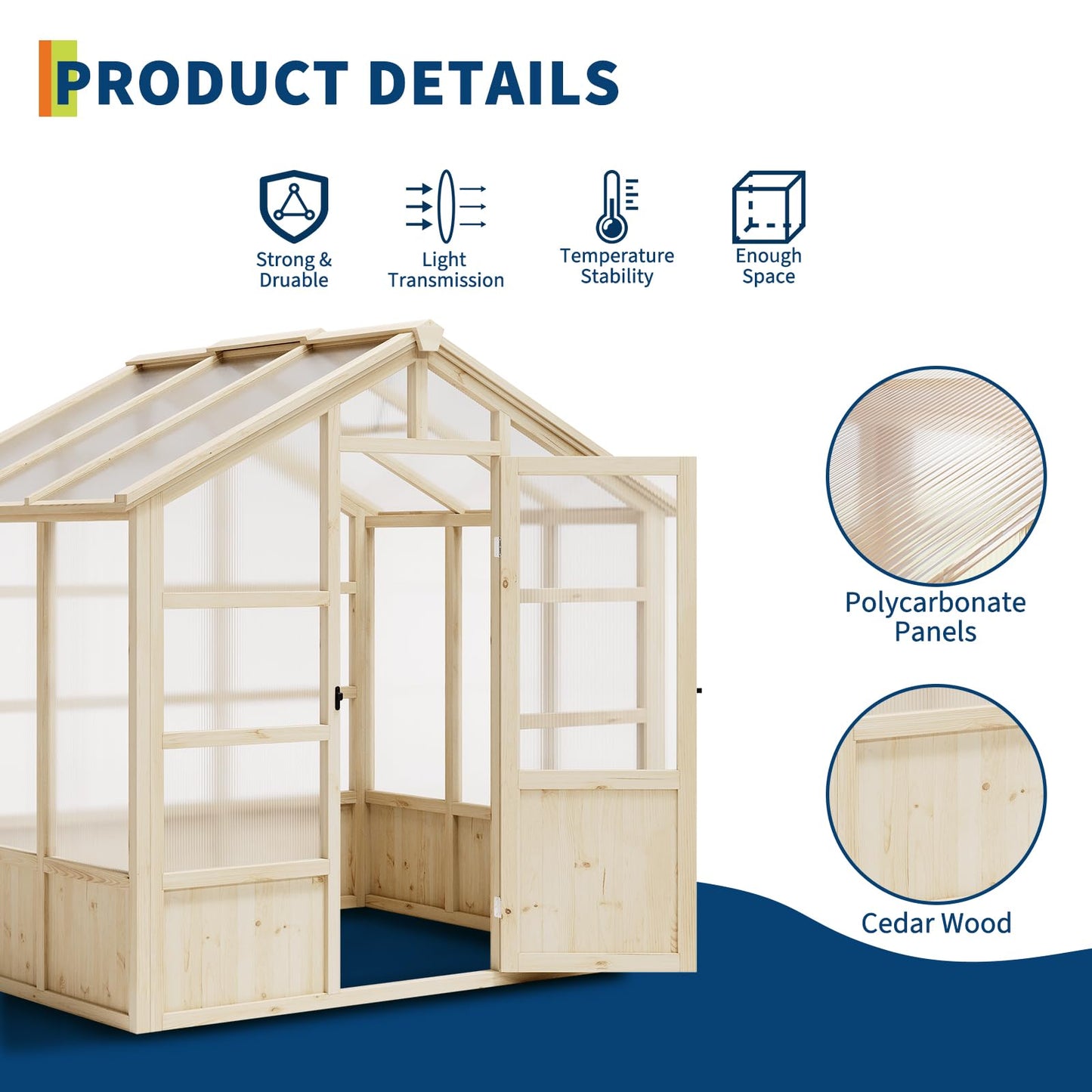 GarveeLife Wooden Greenhouse, 8x6 ft Greenhouses for Outdoors with Lockable Door, Wood Frame & Adjustable Vent, Heavy Duty Greenhouse with Polycarbonate Panel for Outside, Garden, Yard, Light Brown