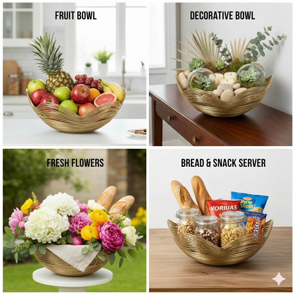 Mela Artisans 12 in Wide x 6 in Tall Gurez Valley Gold Metal Fruit Basket – Decorative Gold Wire Fruit Bowl for Kitchen Counter, Snacks, Flowers and Home Decor