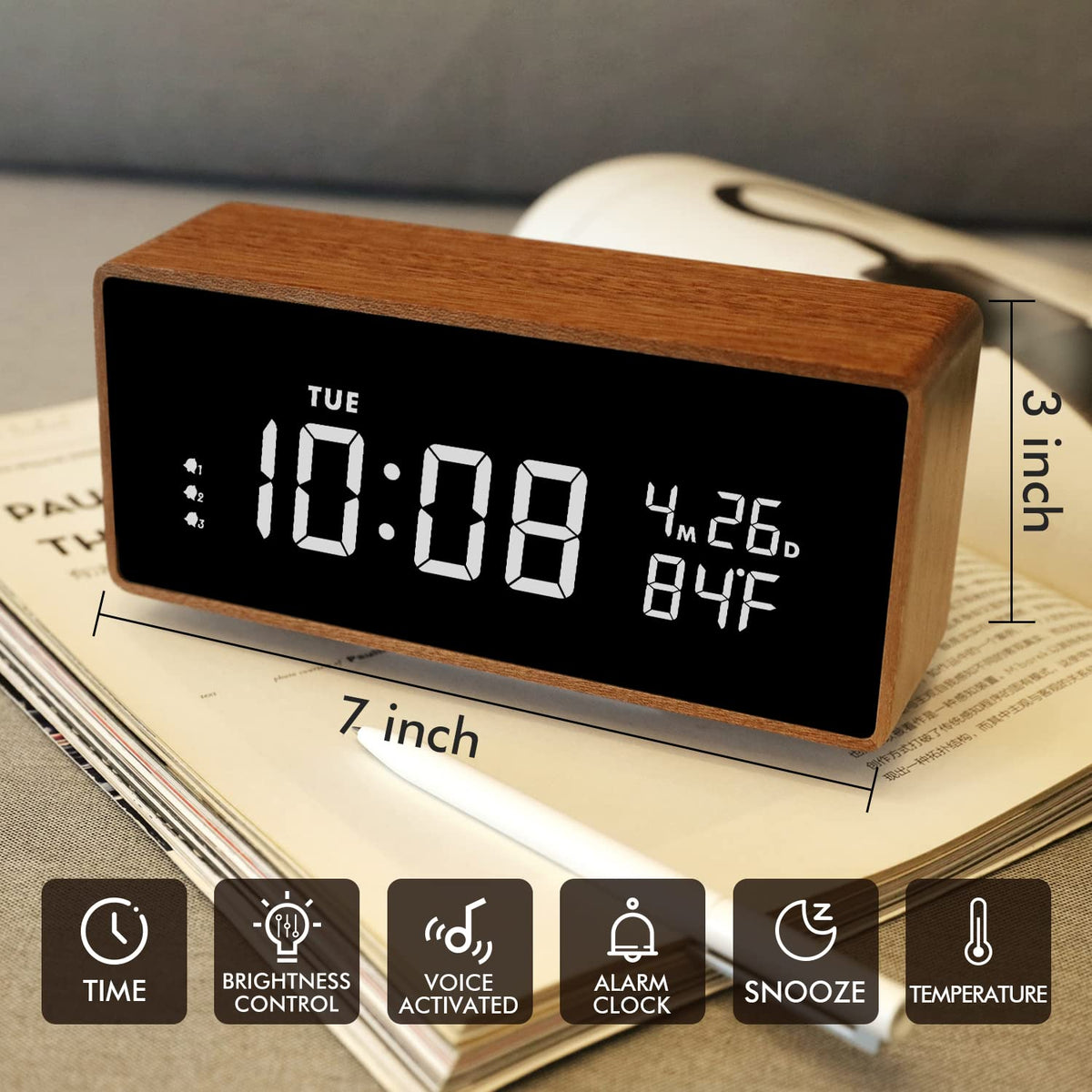 SCOAGE Wooden Digital Alarm Clock with Bluetooth Speaker Temperature Date Smart Electric Digital Bedside Clocks Night Light Table Snooze Large Display Alarm Clock Decor for Desk Bedroom Kid' s Room