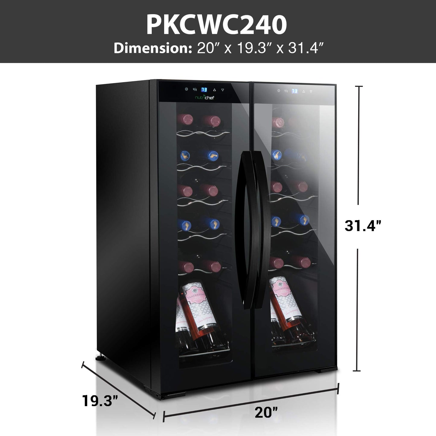 Nutrichef 24 Bottle Wine Fridge | Dual Zone Wine Chiller | Adjustable Temperature 41°F to 64°F | Ultra Quiet Operation | Wine Cooler For Home & Office | Free Standing 31x19x20 IN | Black