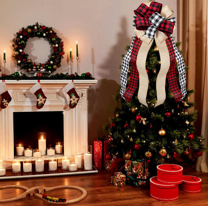 Fvviia Christmas Tree Topper Large Buffalo Plaid Burlap Red and Black Gift Bow for Xmas Tree Handmade Holiday Party Decorations-13 x 29 Inch
