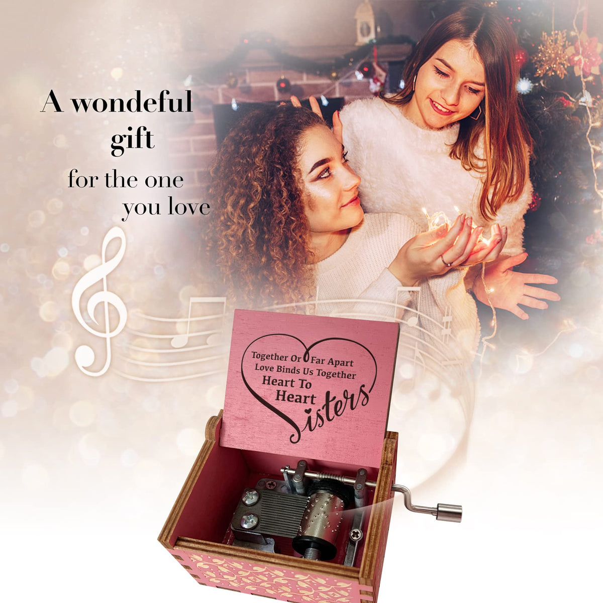 Hcaredee Sister Gifts from Sister Music Box, for Sisters Birthday,You are My Sunshine Hand Crank Wooden Musical Boxes,Christmas Graduation Presents for Best Friends Female Soul Sister Bestie BFF-Pink