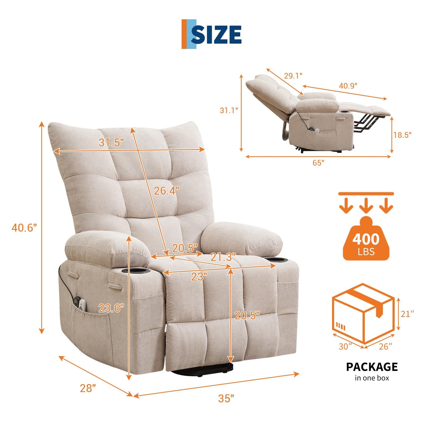 Power Lift Recliner Chair for Elderly - Electric Massage & Heat Recliner with 45° Assist Stand, Oversized Living Room Sofa with Soft Padded Upholstery, Side Pocket & Cup Holders for Living Room