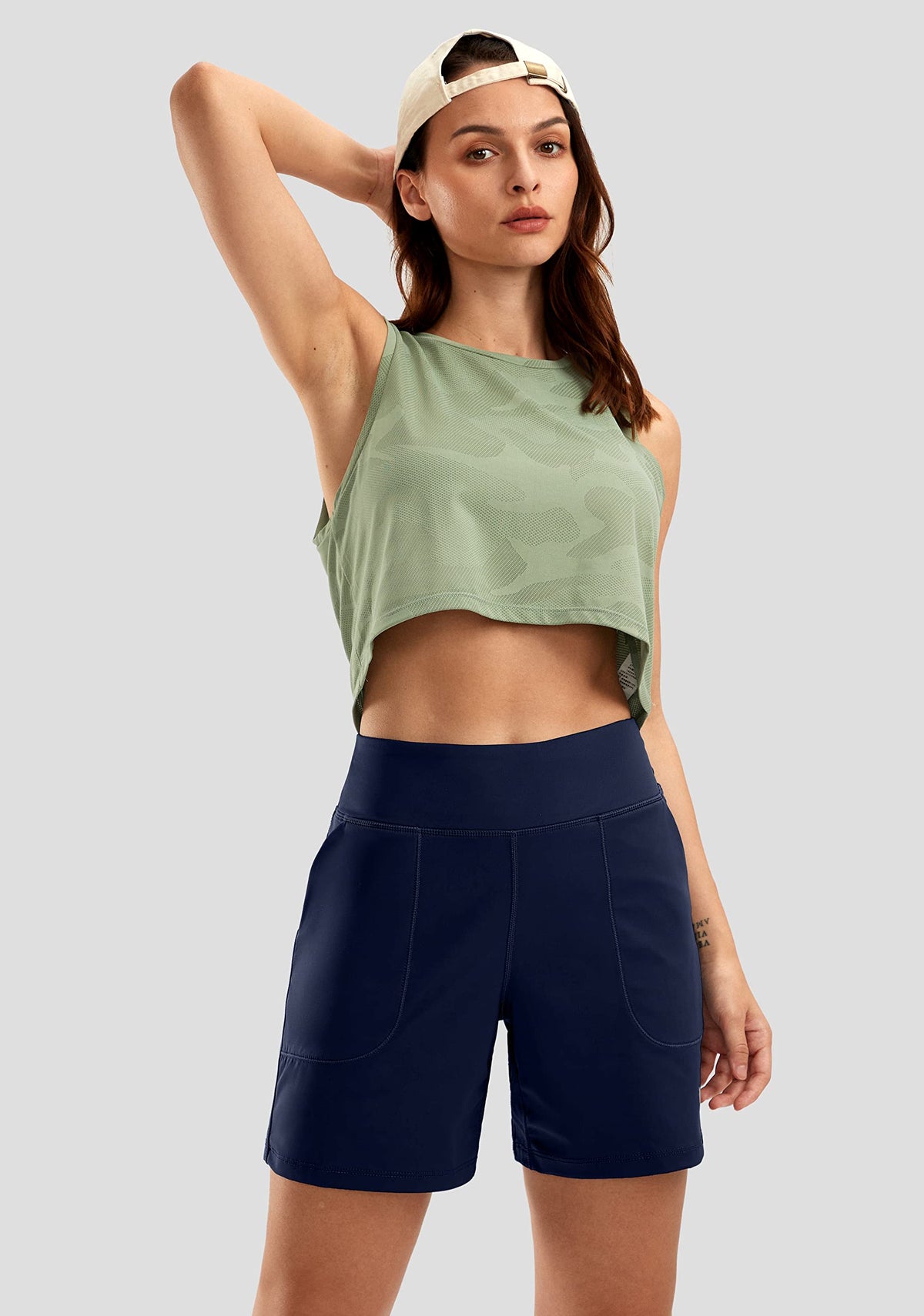 SANTINY Women's 6'' Athletic Long Shorts with 4 Pockets High Waisted Bermuda Shorts for Women Walking Running Casual (Navy_M)