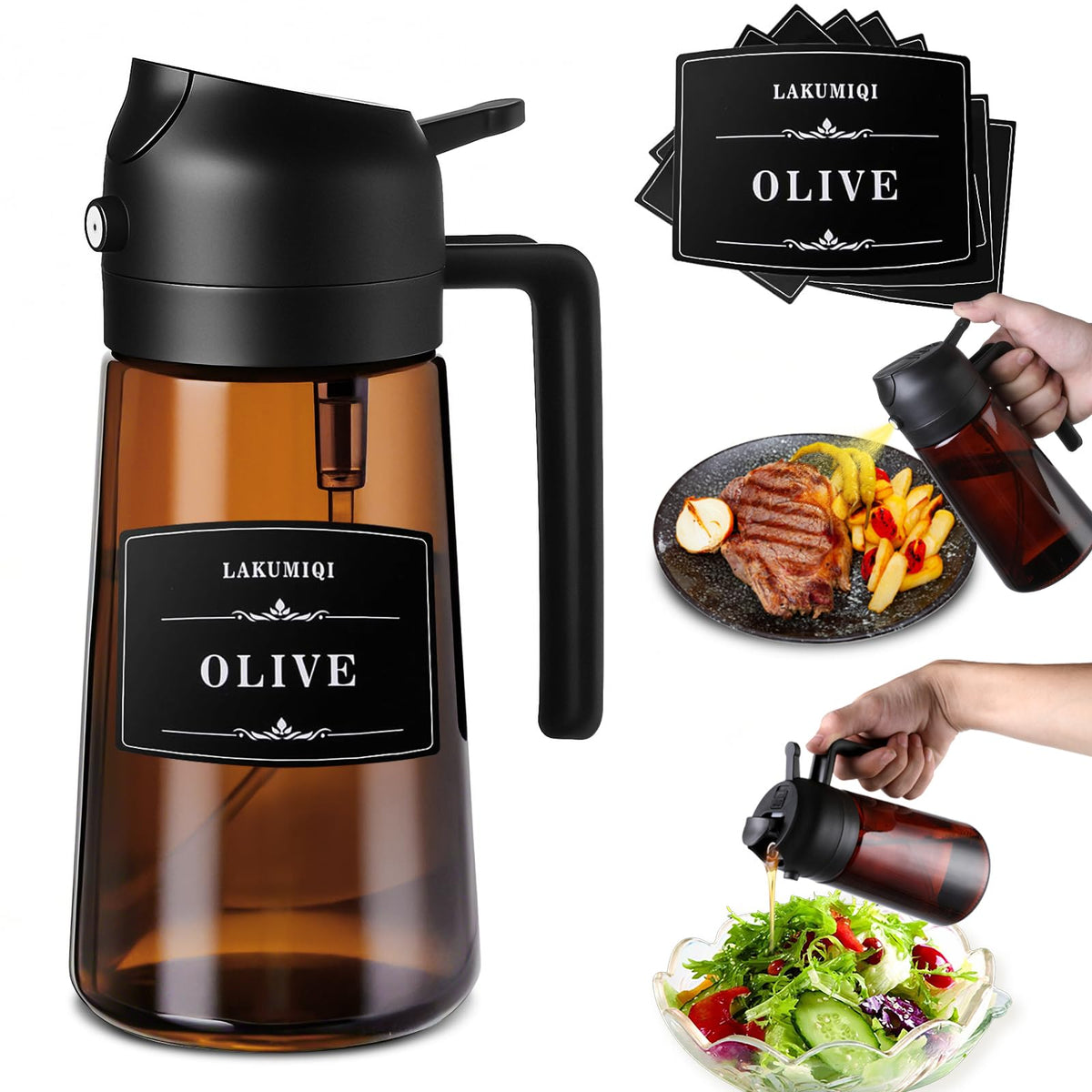 LAKUMIQI 2-in-1 Glass Oil Dispenser & Sprayer - 16oz/470ml Leakproof Olive Oil Sprayer Bottle for Cooking, Air Fryer, BBQ, Baking, Salad (Black)