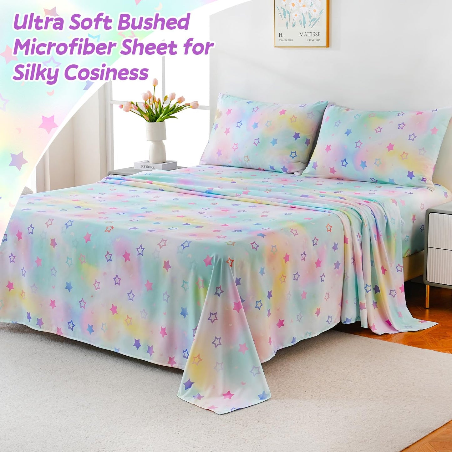 ChicView Full Sheet Set Kids,4 Pieces Breathable Soft Microfiber Bedsheets for Child Boys Girls, Anti Pilling Deep Pockets Easy Care Bed Sheets, Stars