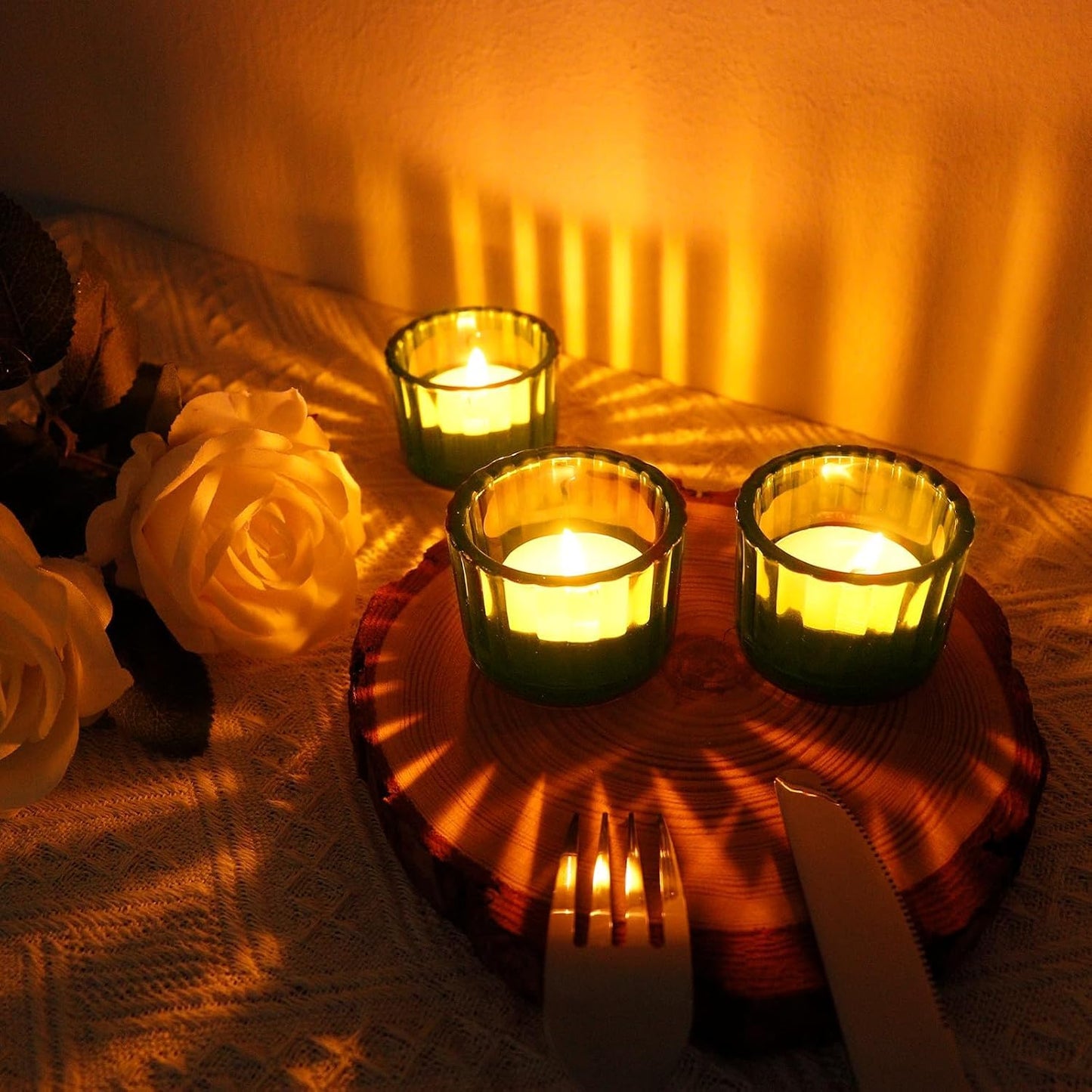 Filltown Green Tea Light Candle Holders Set of 12, 5cm x 3.5cm Glass Tea Light Holders for Table Centerpiece, Mini Votive Candle Holders for Weddings, Birthday Parties, Home Decor, Table Decor