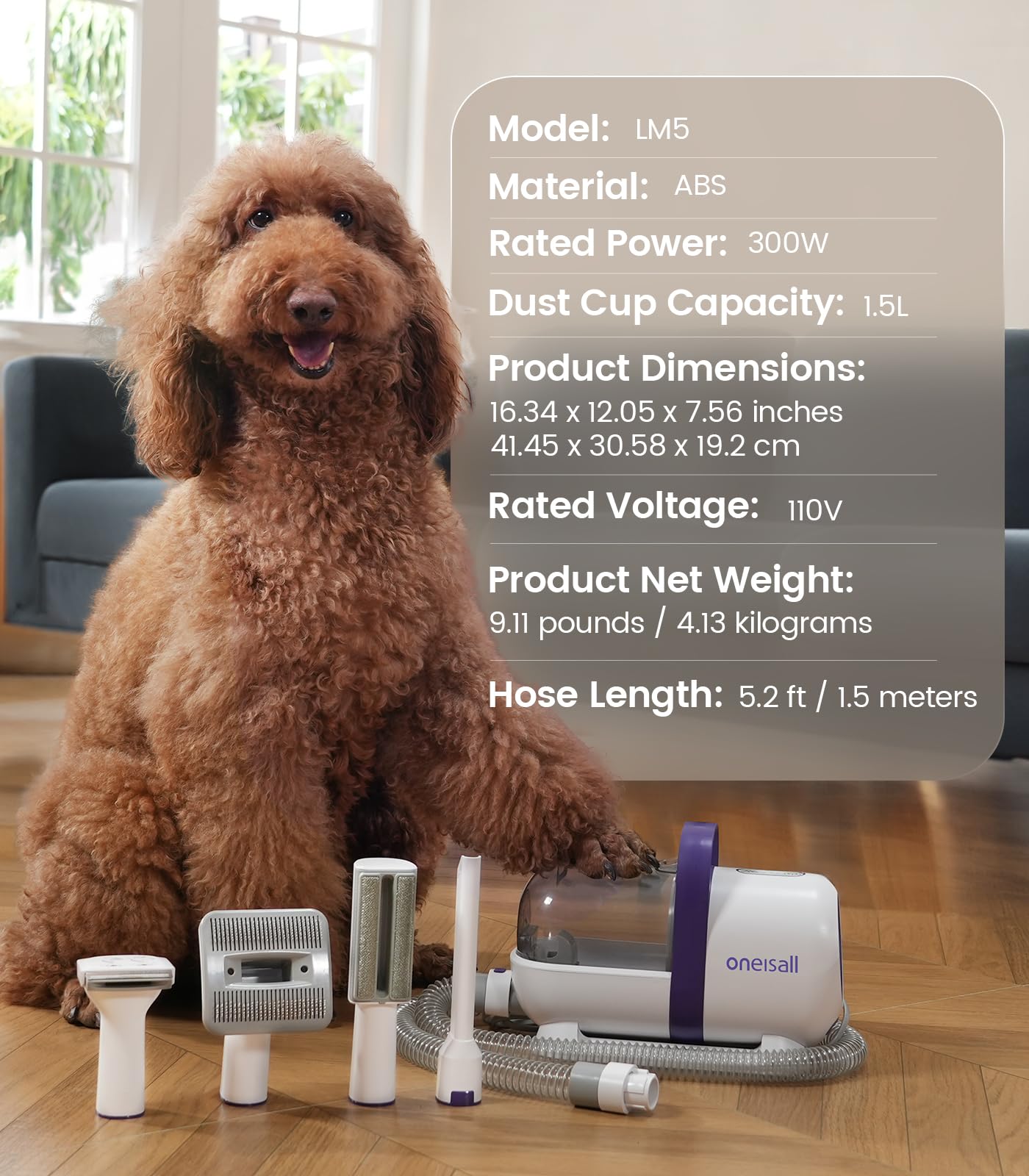 oneisall Dog Grooming Kit with 12 Kpa Vacuum,Dog Vacuum Groomer Suction 99% Pet Hair,Dog Vacuum Brushes,Dog Hair Remover for Shedding and Tangled Hairs