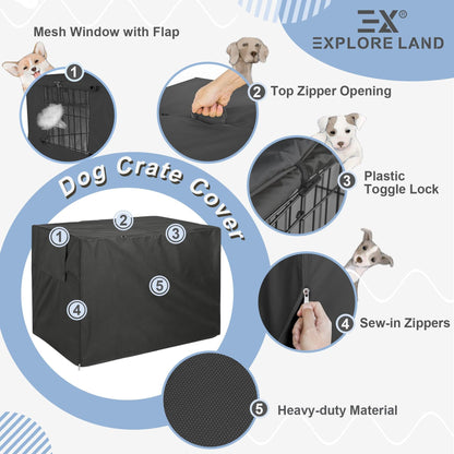 Explore Land Dog Crate Cover Durable - Polyester Pet Kennel Cover Universal Fit for 24-48 inches Wire Dog Crate (36 Inch (Pack of 1), Black Cover)