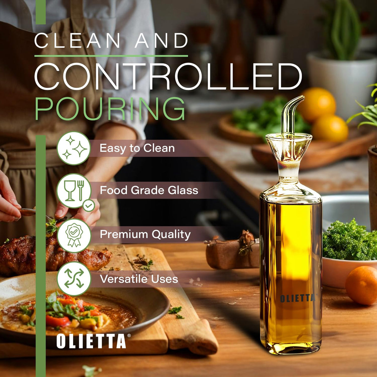 Olietta Olive Oil Dispenser Bottle Borosilicate Glass - 17 oz 500ml Non Drip Dispenser - Leak Proof Pourer Vinegar Drizzler Cruet - Easy Clean Drip Free Bottles for Kitchen