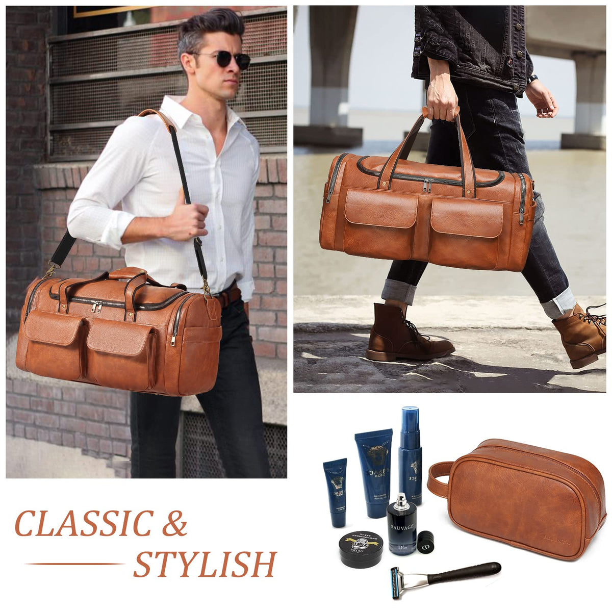 Travel Duffel Bag for Men, Large PU Leather Carry on Duffle Bag for Traveling, Waterproof Overnight Weekender Gym Bags with Shoe Compartment - Perfect for Daily Use/Birthday Gift