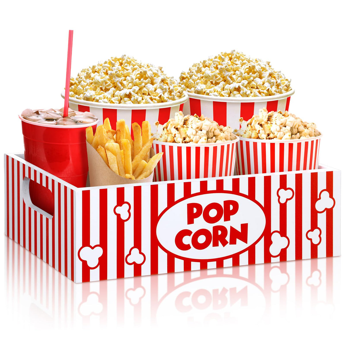 Movie Night Supplies Snack Trays with Handles Reusable Wooden Movie Gift Basket for Theater Popcorn Bucket Bowl Box Container Family Room Decor(Striped)
