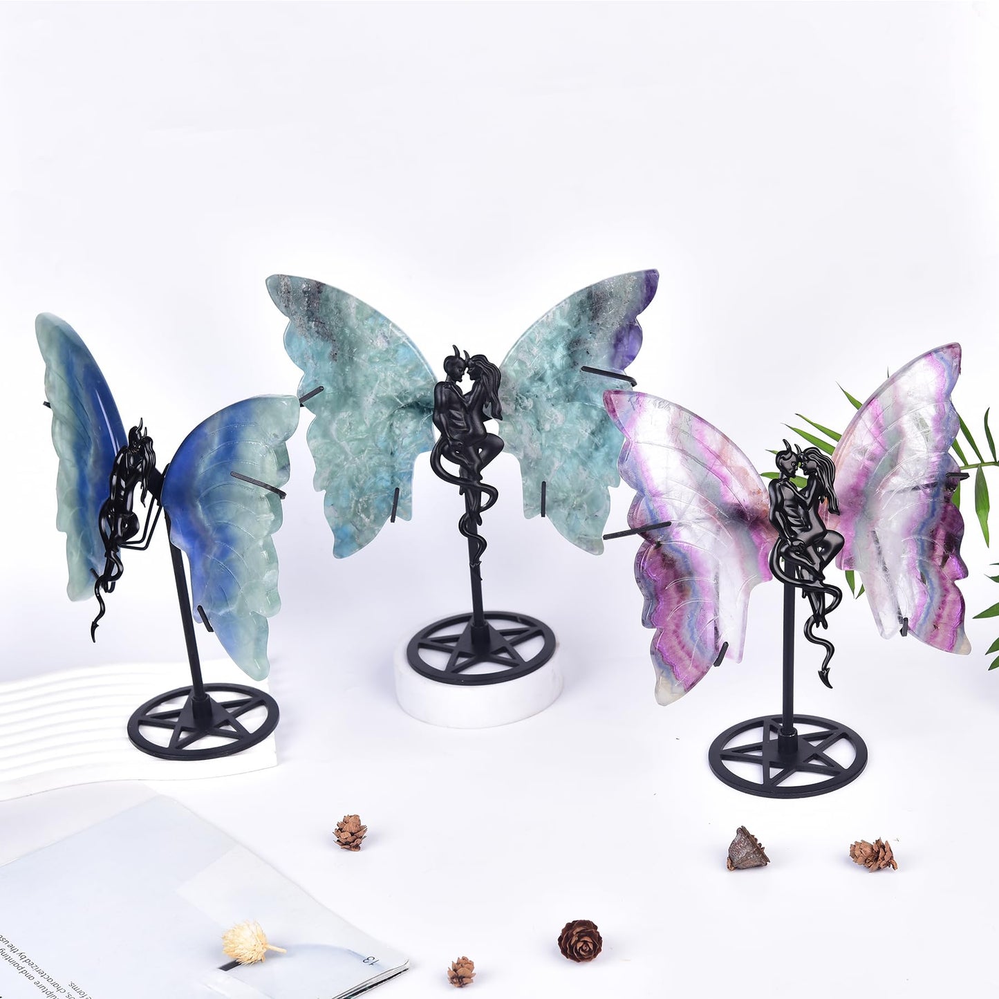 JIC Gem Large Amazing Gemstone Feather Fluorite Crystal Butterfly Art Decorative Healing Crystal Slices Carved Angel Wings with Stand Office Home Decor Reiki Crystal Gifts (1pair, 17-18cm)