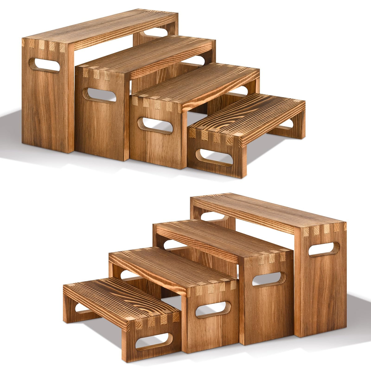 Luqvzxv 8 Pcs Wood Risers Display Stands, 2 Set Wooden Risers for Table Display, 4 Tier Rectangular Riser Display Stand Wooden for Cupcake, Desserts, Perfume, Collections, Jewelry Showcase