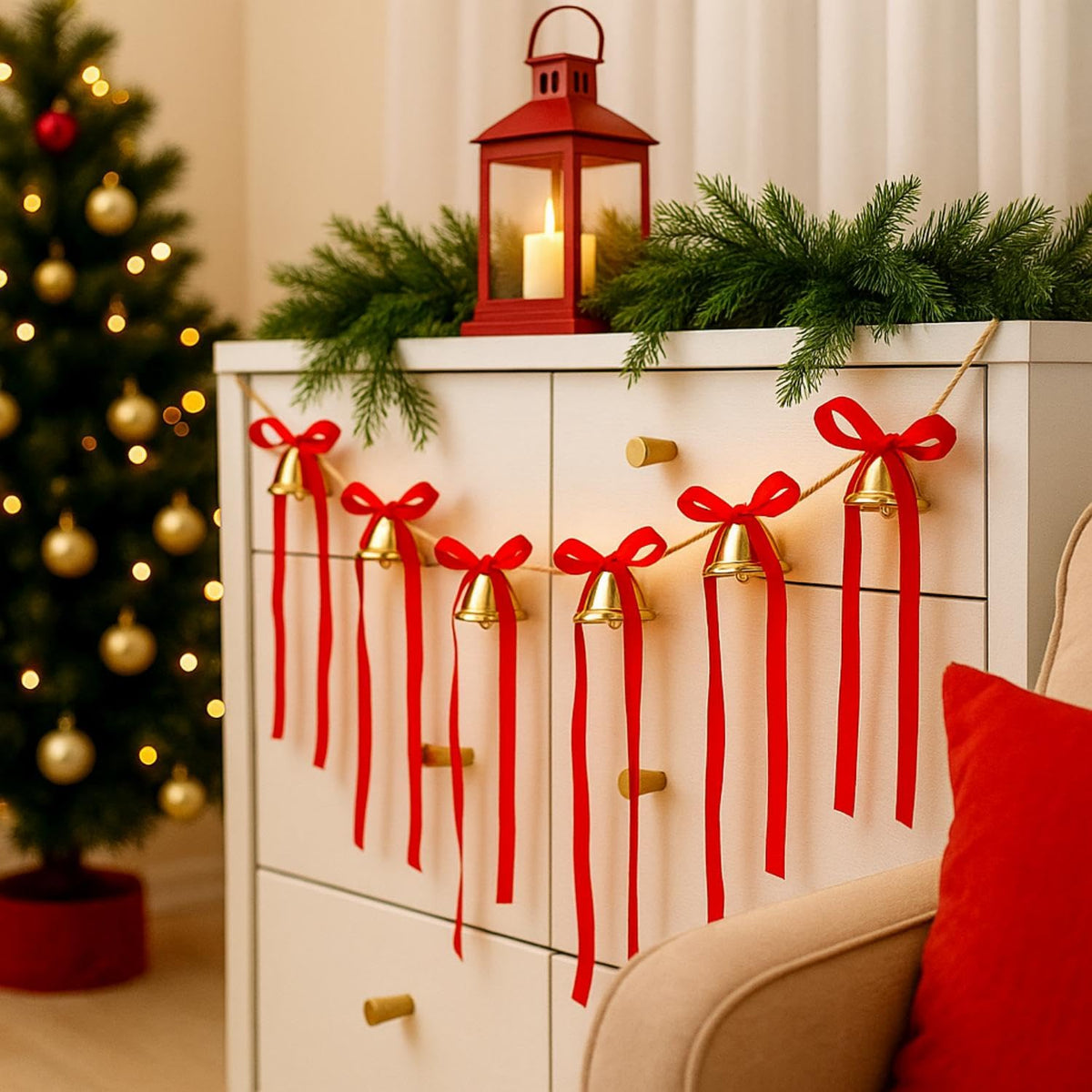 Suncalla 10 Feet Christmas Velvet Bow Garland with Jingle Bell Red Ribbon Bow Jingle Bell Banner Velvet Christmas Ornaments for Xmas Tree Fireplace Staircase Indoor Outdoor Decoration