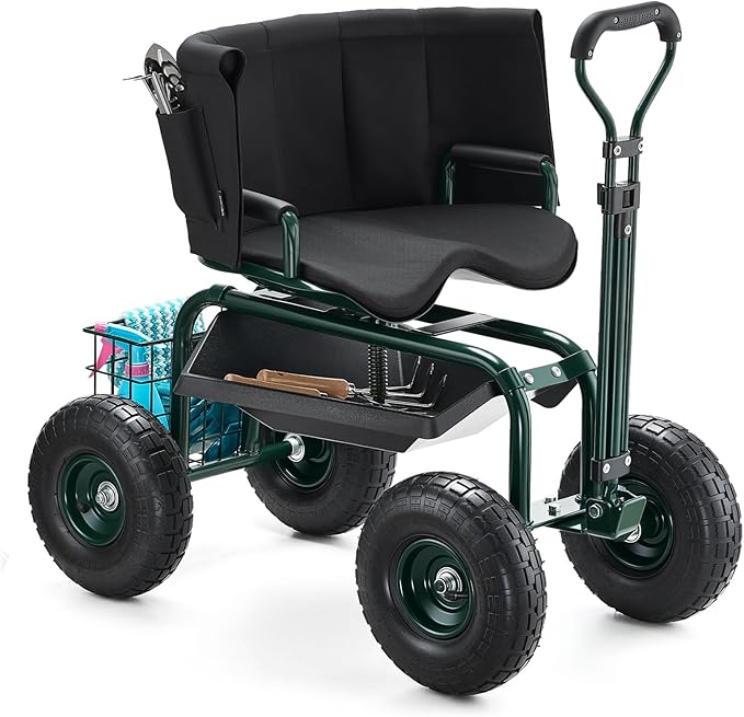 VEVOR Garden Seat with Wheels, Rolling Garden Stool with Height Adjustable & 360° Swivel Seat, 400lbs Weight Capacity, Gardening Cart Bench, Ergonomic Backrest & Tool Storage, for Yard, Patio