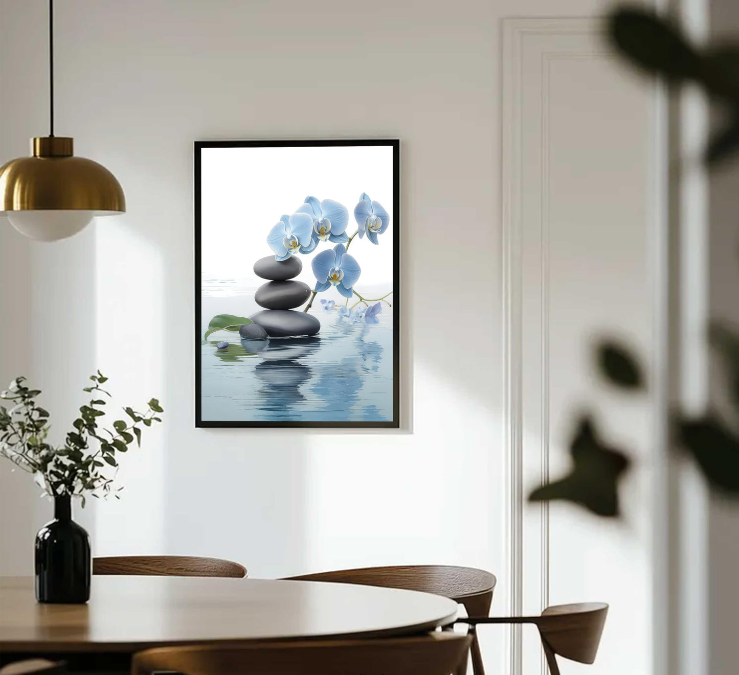 Framed Zen Canvas Wall Art Spa Stone and Elegant Blue Orchid Flower Spiritual Painting Pictures Wall Decor Poster Print Artwork for Bathroom Office Yoga Room Spa Room Meditation Room Decoration