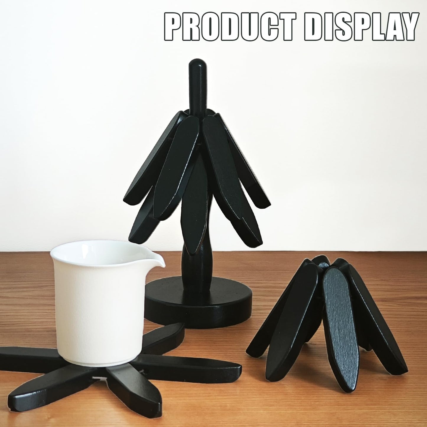 Natural Foldable Black Walnut Wooden Trivet Set - 4 Trivets + 1 Stand for Hot Dishes, Pot, Bowl, Teapot, Hot Pot Holders (Black)