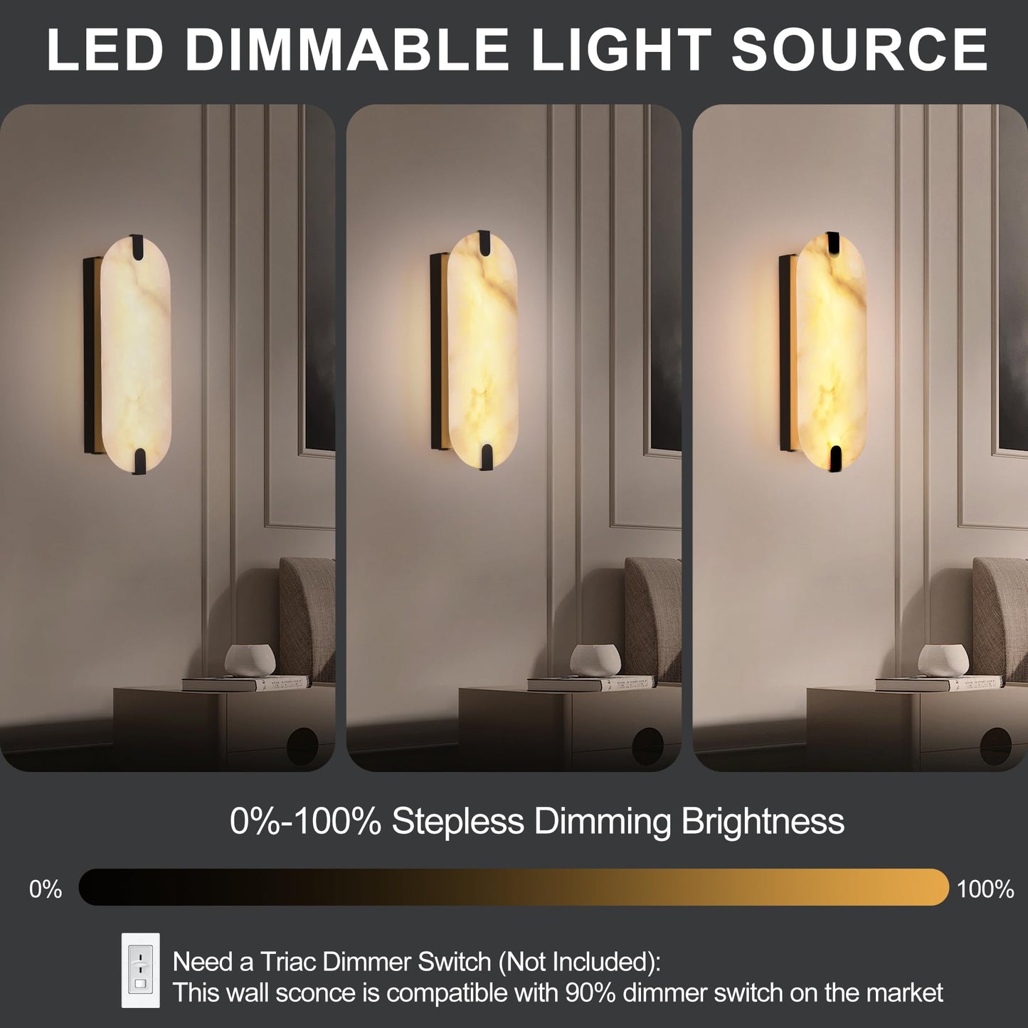 DLUCE 14.17in Alabaster Wall Sconces, Natural Marble Wall Light, Modern LED Alabaster Sconces for Living Room Indoor Wall Lamps for Dining Room Stairs Bedroom,Black