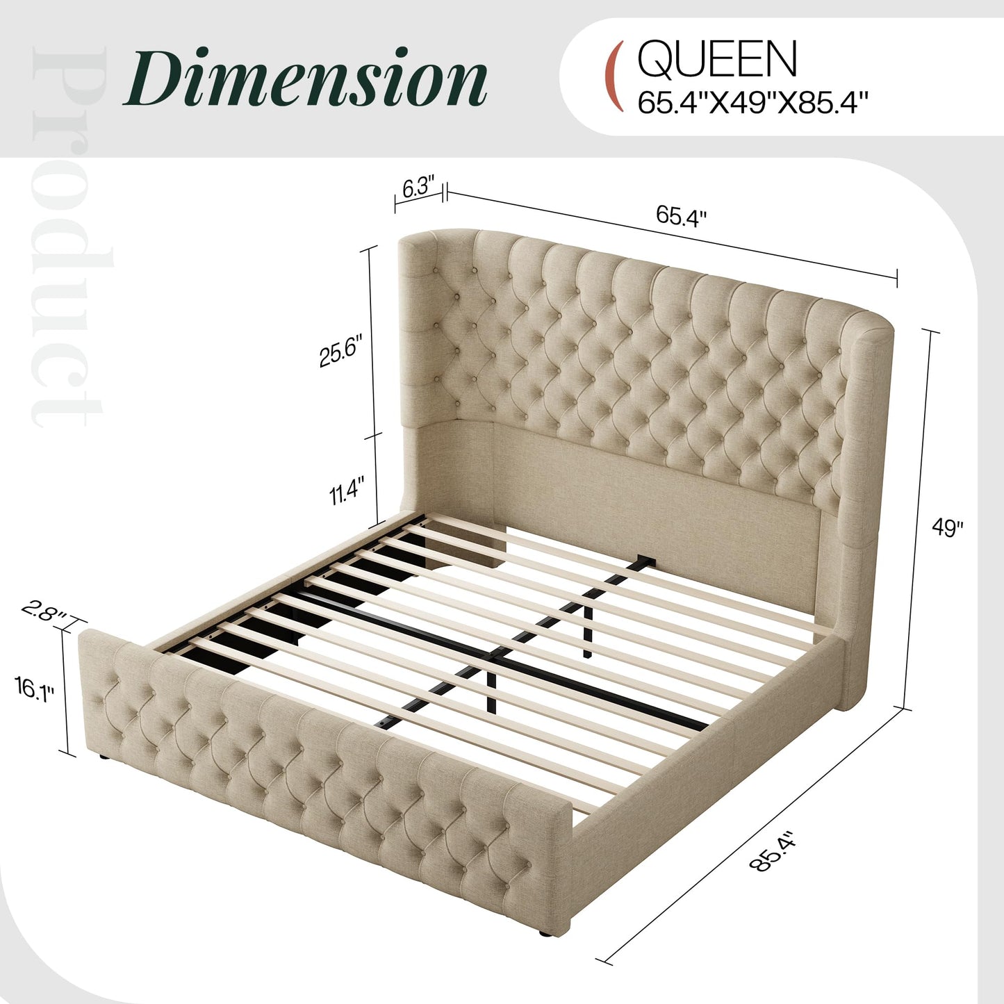 Jocisland Queen Size Upholstered Bed Frame with 6.3-Inch Curved Wingback Headboard, Tufted Footboard, Wood Slats, No Box Spring Needed, Khaki Linen