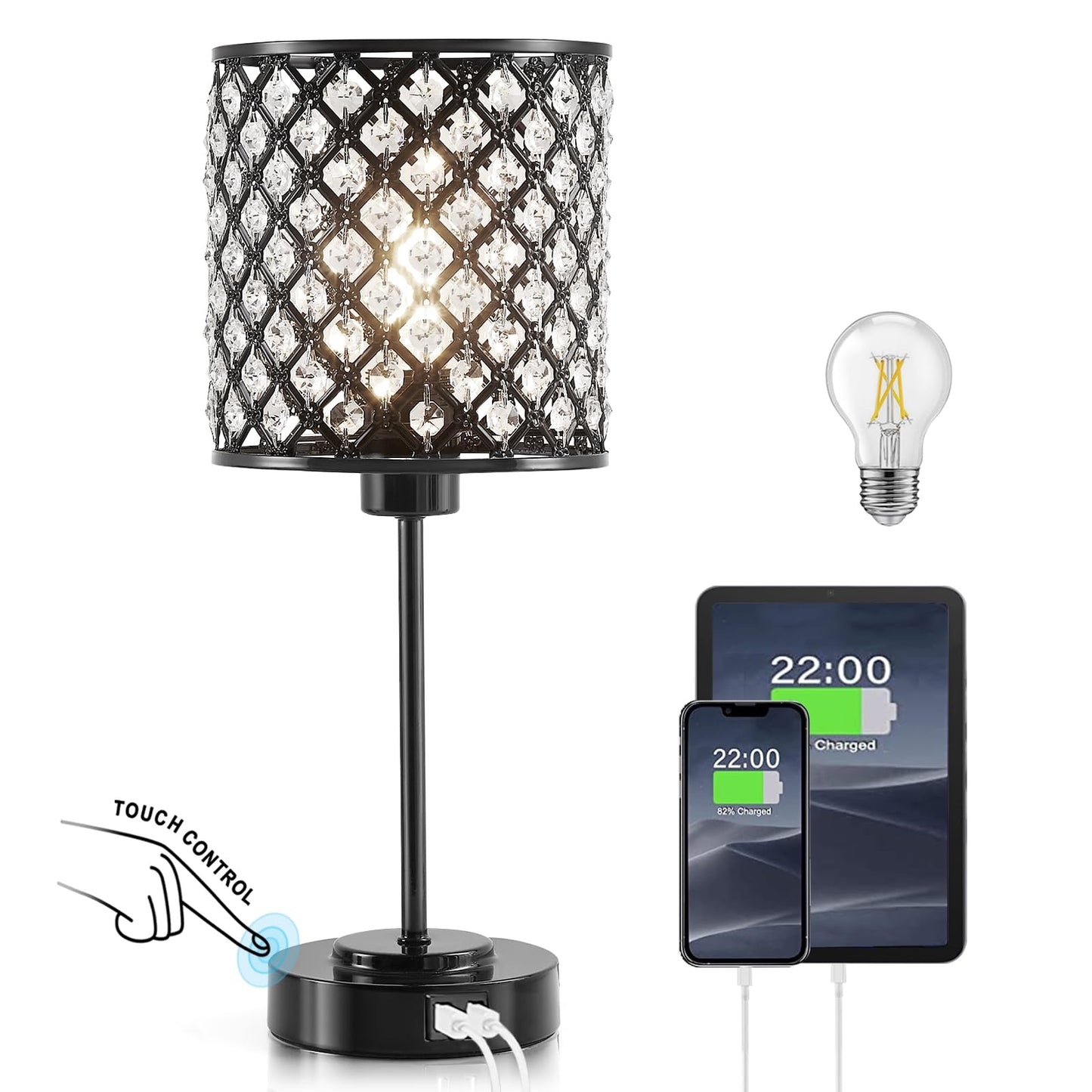 Crystal Touch Control Table Lamp with 2 USB Charging Ports, 3-Way Dimmable Black Crystal Table Bedside Lamp Nightstand Desk Light for Bedroom, Girls Guest Room, Living Room, Bulbs Included