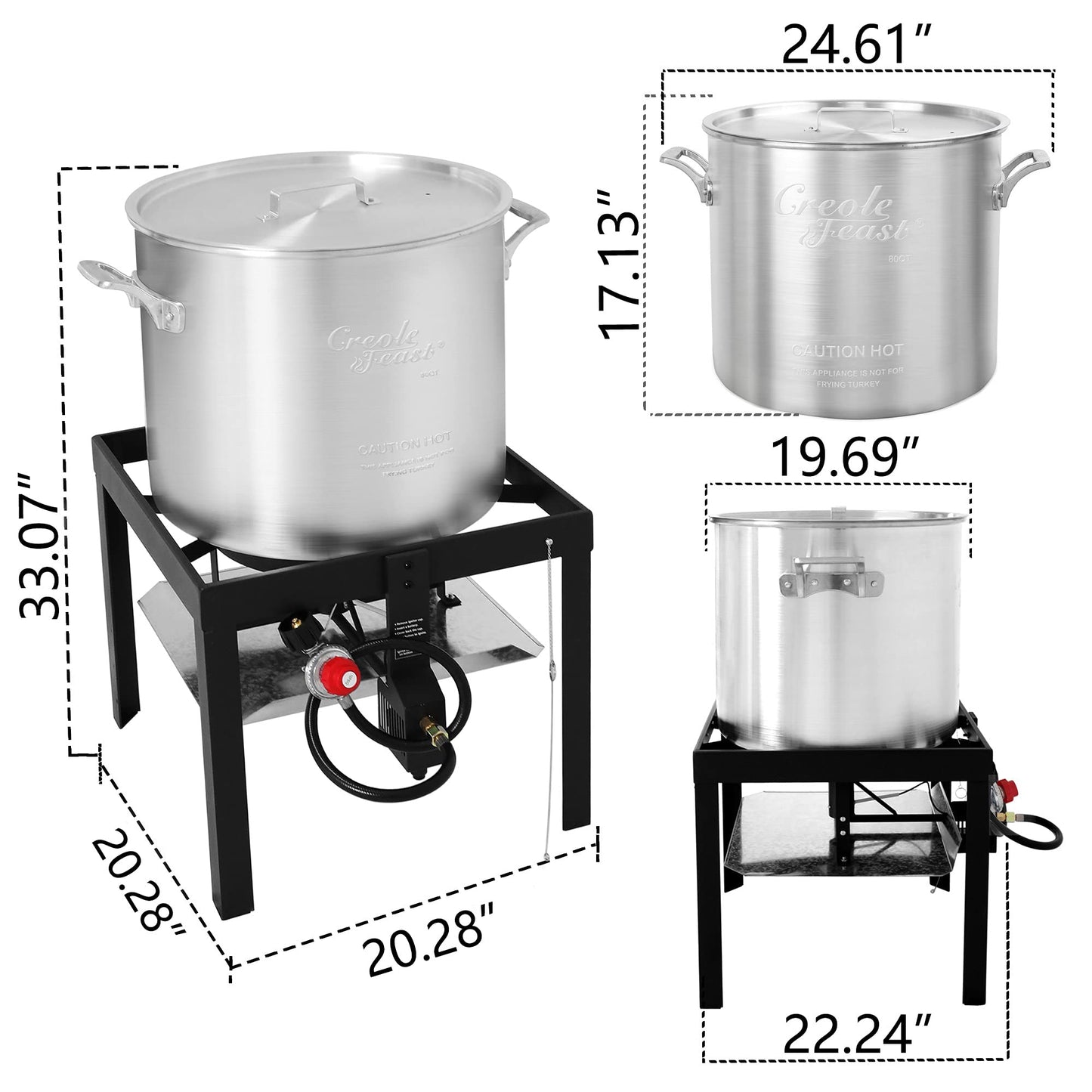 Creole Feast SBK0801 80 Qt Seafood Boiling Kit with Strainer, Outdoor Seafood Boil Pot and Basket with 100,000 BTUs Propane Burner and 10 PSI Regulator, Black & Silver