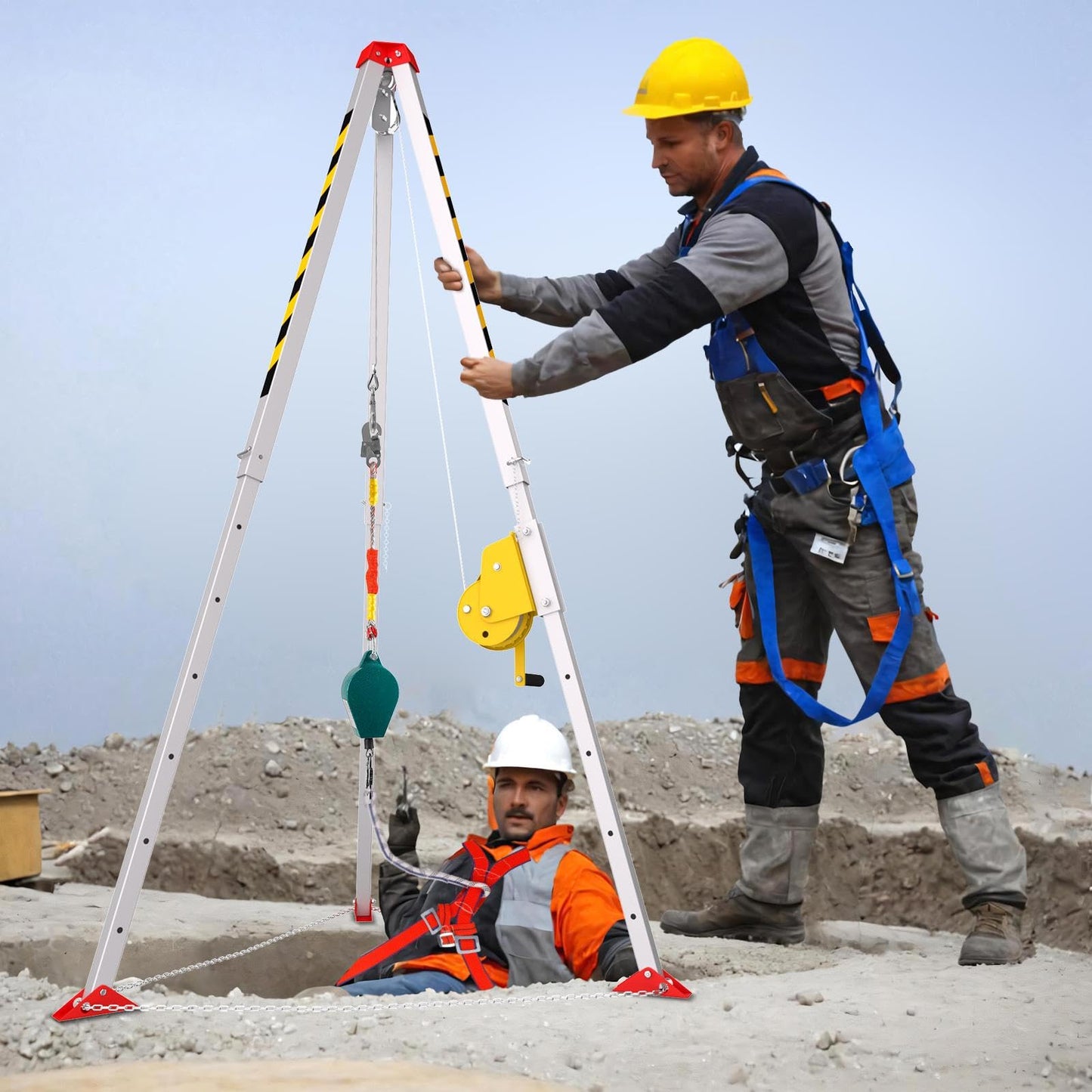Heavy Duty 2600LBS Confined Space Tripod Kit, Rescue Tripod and Winch with 98FT Steel Cable, Tripod Lifting Hoist & Retrieval System, 4.4-7.1ft Adjustable Legs for Manhole Sewer Rescue
