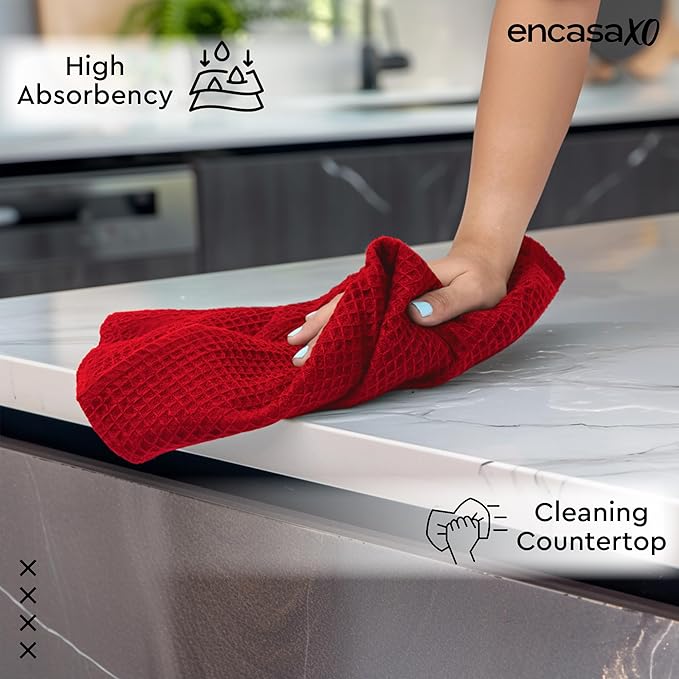 Encasa XO Kitchen Dish Towels Set | Red | Waffle Weave and Flat Hand Tea Towel
